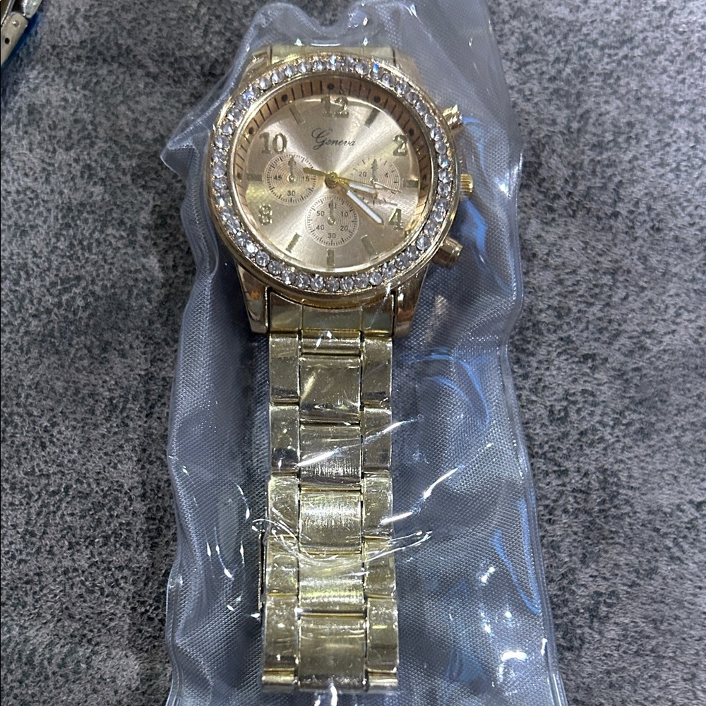 Geneva Gold Watch with Sparkling Bezel